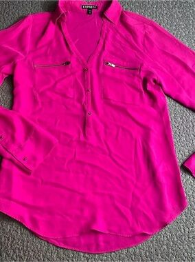 Express Long Sleeve Zip Pocket Popover Blouse Pink XS